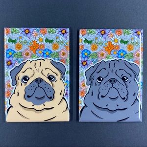 Pug Dog Retro Flower Magnet Handmade Kitchen and Office Decor 2 Colors Available